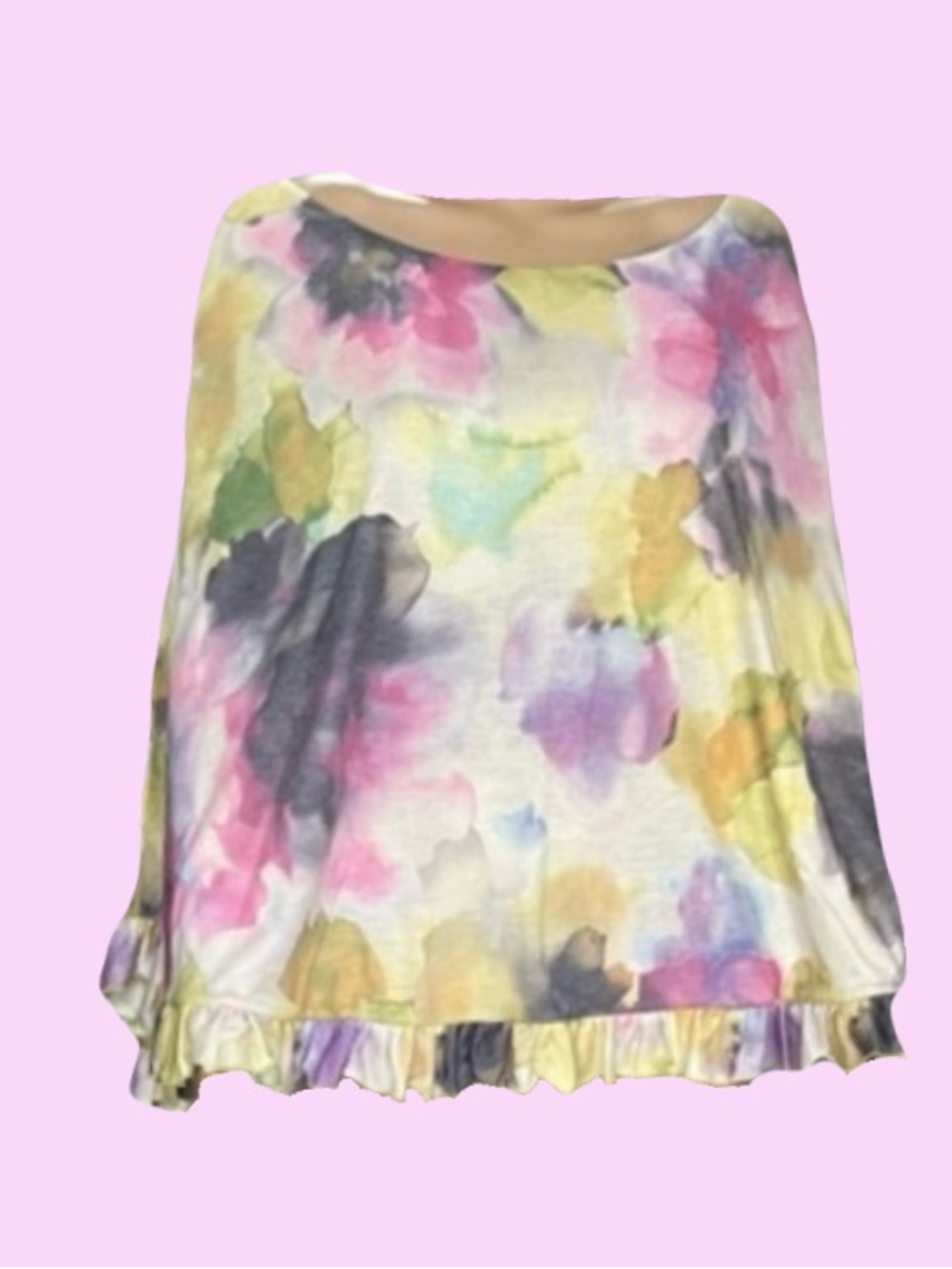 Watercolor Floral Ruffle Hem Poncho - Multicolor